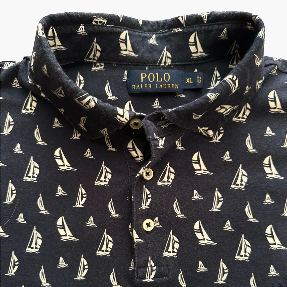 Soft EUC Polo Ralph Lauren Shirt Sleeve Sailboats Nautical Classic Navy White